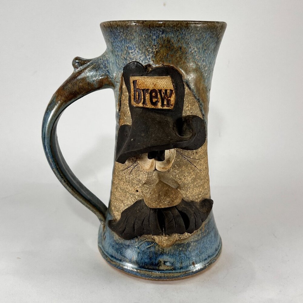 Gene Gandee Stoneware Pottery Funny Face Man Brew Beer Mug Handcrafted Blue FL